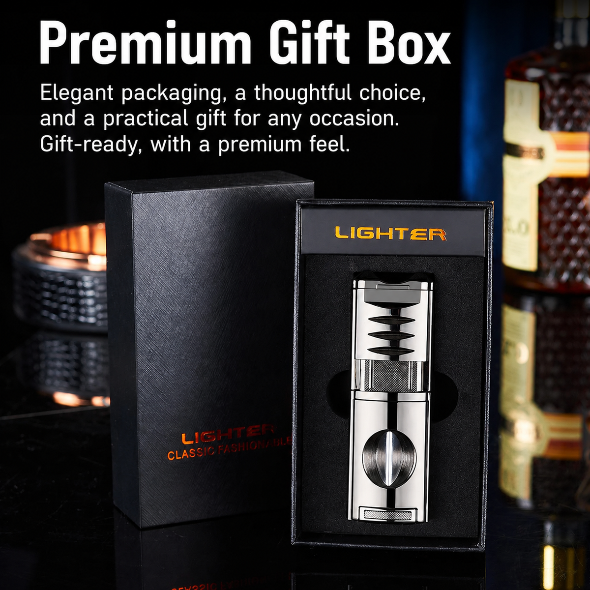 4-in-1 Cigar Torch Lighter Set with V Cutter, Punch and Holder, Windproof Triple Jet Refillable Butane Lighter Kit with Present Box, Adjustable Flame (Gas Not Included)