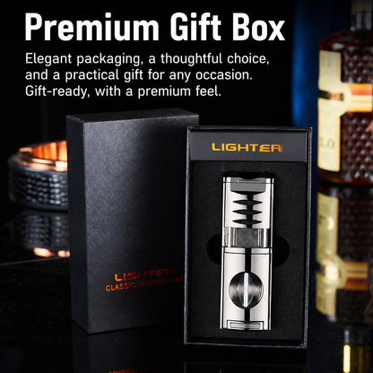 4-in-1 Cigar Torch Lighter Set with V Cutter, Punch and Holder, Windproof Triple Jet Refillable Butane Lighter Kit with Present Box, Adjustable Flame (Gas Not Included)