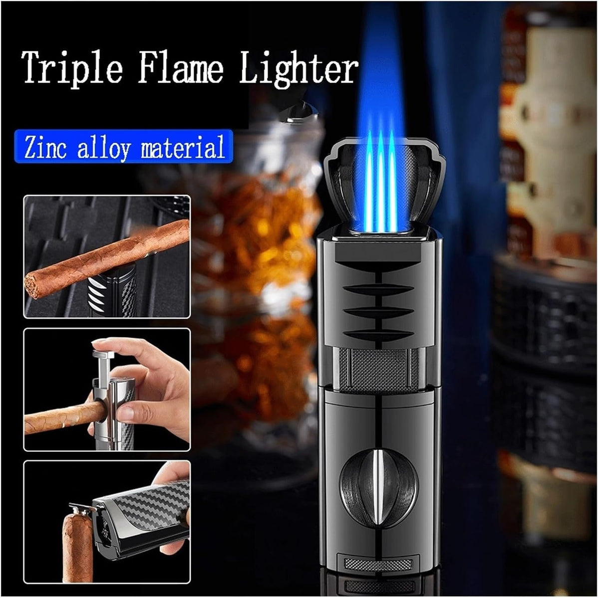 4-in-1 Cigar Torch Lighter Set with V Cutter, Punch and Holder, Windproof Triple Jet Refillable Butane Lighter Kit with Present Box, Adjustable Flame (Gas Not Included)