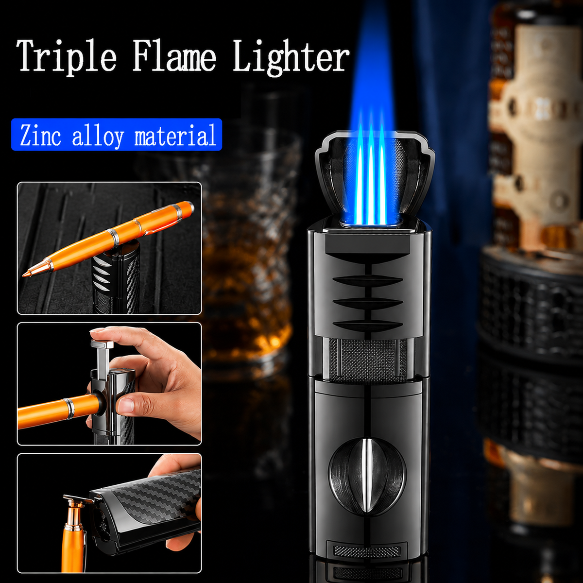 4-in-1 Cigar Torch Lighter Set with V Cutter, Punch and Holder, Windproof Triple Jet Refillable Butane Lighter Kit with Present Box, Adjustable Flame (Gas Not Included)
