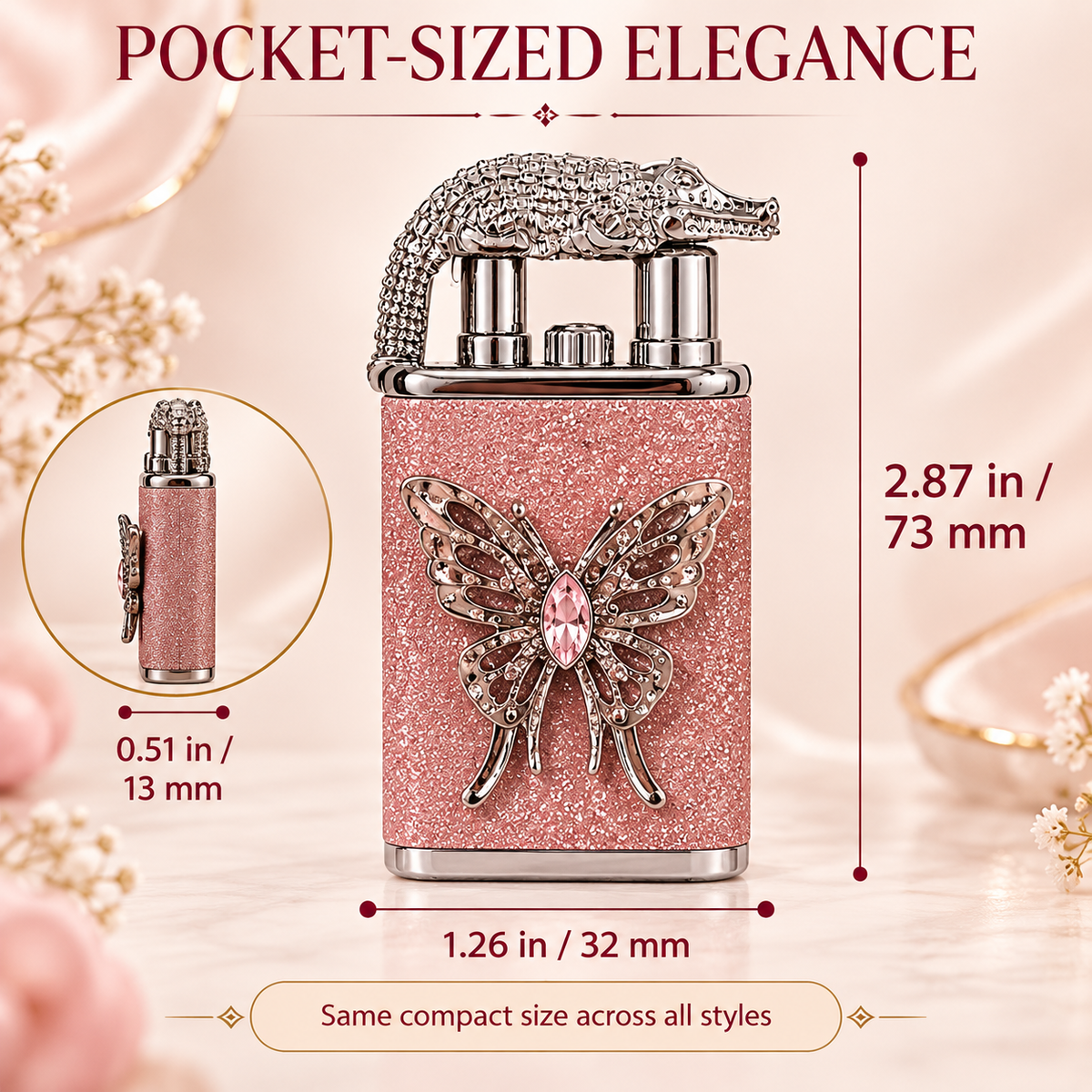 Elegant Dual Flame Butane Lighter for Women, Sparkling Refillable Pocket Lighter with Windproof Jet & Soft Flame, Adjustable Flame and Gift Box, Birthday Gift for Her (Fuel Not Included)