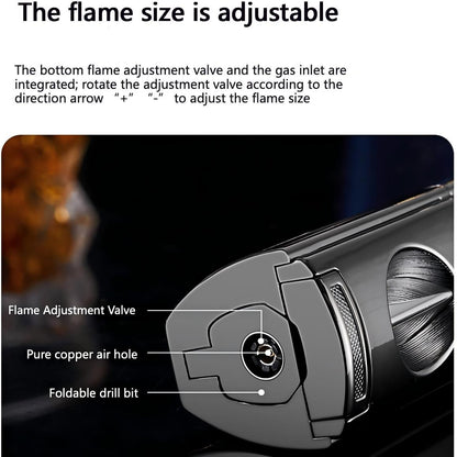 4-in-1 Cigar Torch Lighter Set with V Cutter, Punch and Holder, Windproof Triple Jet Refillable Butane Lighter Kit with Present Box, Adjustable Flame (Gas Not Included)