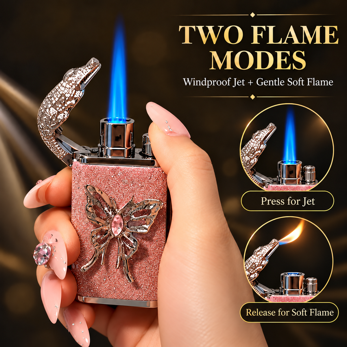 Elegant Dual Flame Butane Lighter for Women, Sparkling Refillable Pocket Lighter with Windproof Jet & Soft Flame, Adjustable Flame and Gift Box, Birthday Gift for Her (Fuel Not Included)