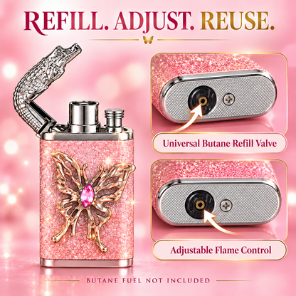 Elegant Dual Flame Butane Lighter for Women, Sparkling Refillable Pocket Lighter with Windproof Jet & Soft Flame, Adjustable Flame and Gift Box, Birthday Gift for Her (Fuel Not Included)