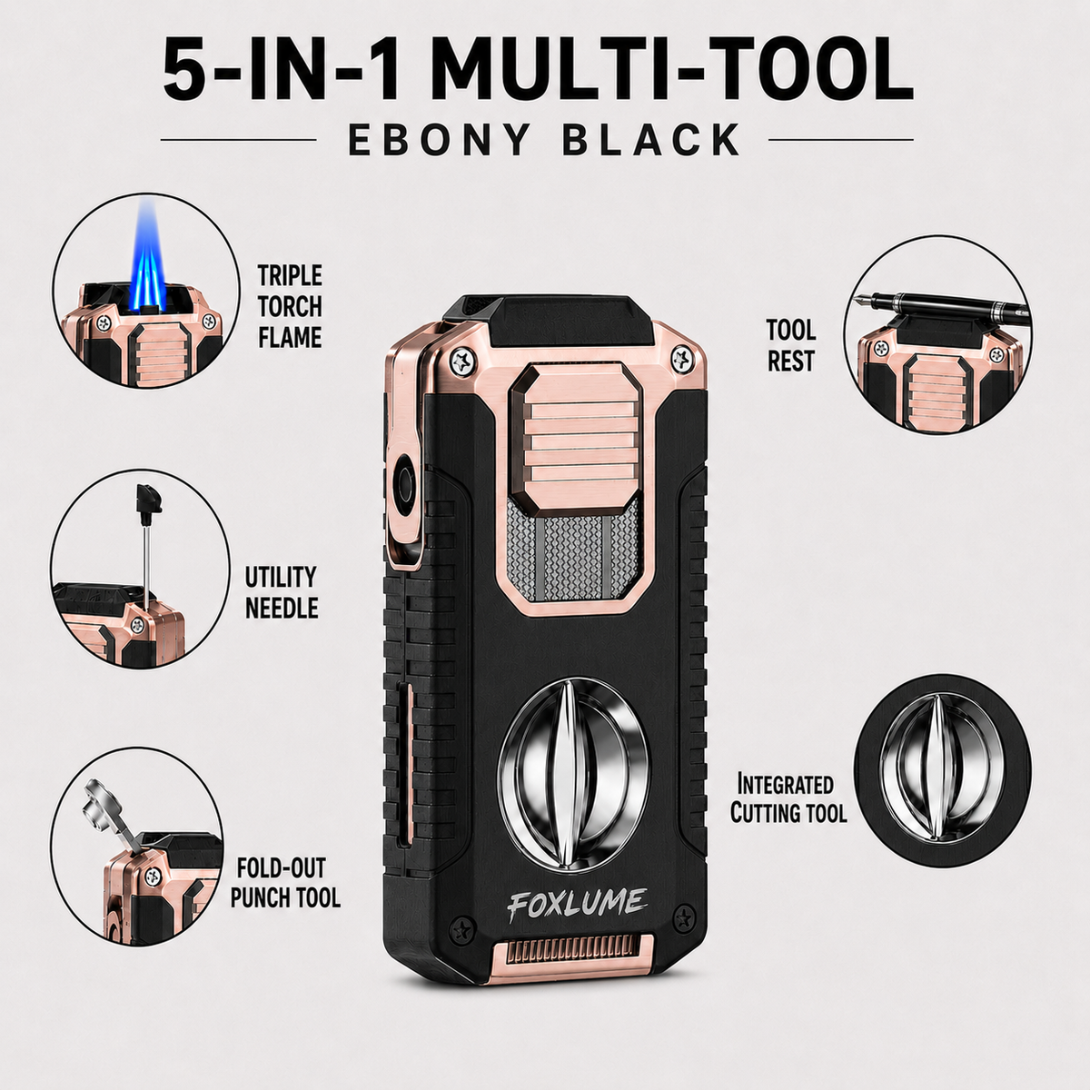 Foxlume | 5-in-1 Triple-Jet Cigar Torch Lighter & EDC Pocket Tool