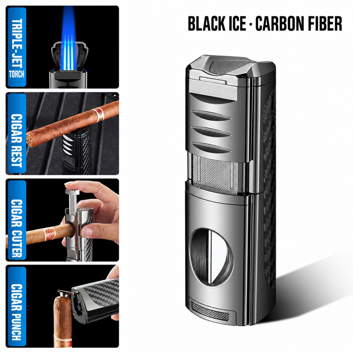 4-in-1 Cigar Torch Lighter Set with V Cutter, Punch and Holder, Windproof Triple Jet Refillable Butane Lighter Kit with Present Box, Adjustable Flame (Gas Not Included)