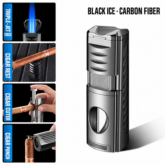 4-in-1 Cigar Torch Lighter Set with V Cutter, Punch and Holder, Windproof Triple Jet Refillable Butane Lighter Kit with Present Box, Adjustable Flame (Gas Not Included)