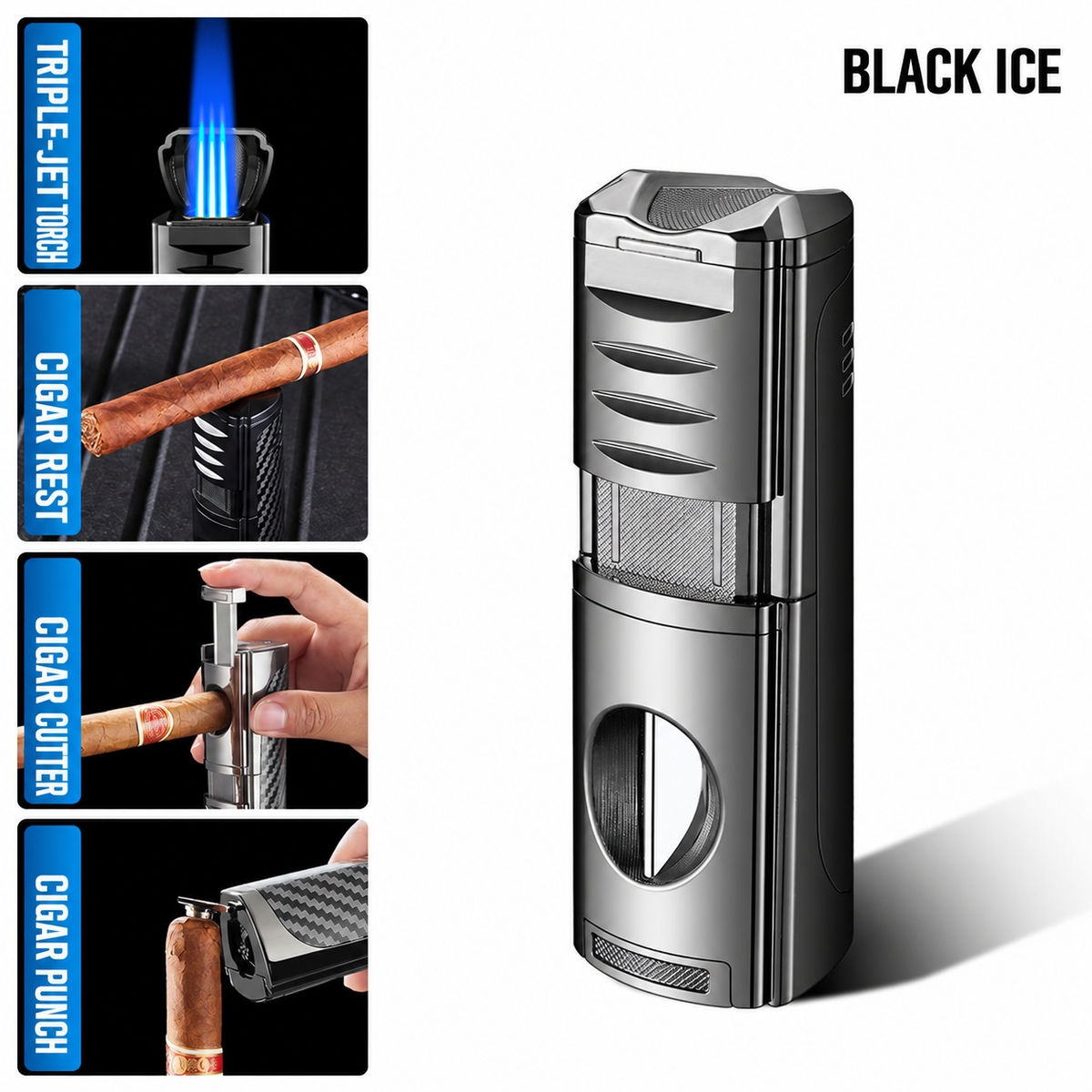 4-in-1 Cigar Torch Lighter Set with V Cutter, Punch and Holder, Windproof Triple Jet Refillable Butane Lighter Kit with Present Box, Adjustable Flame (Gas Not Included)
