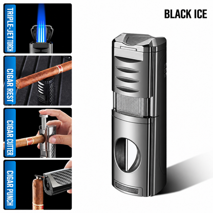 4-in-1 Cigar Torch Lighter Set with V Cutter, Punch and Holder, Windproof Triple Jet Refillable Butane Lighter Kit with Present Box, Adjustable Flame (Gas Not Included)