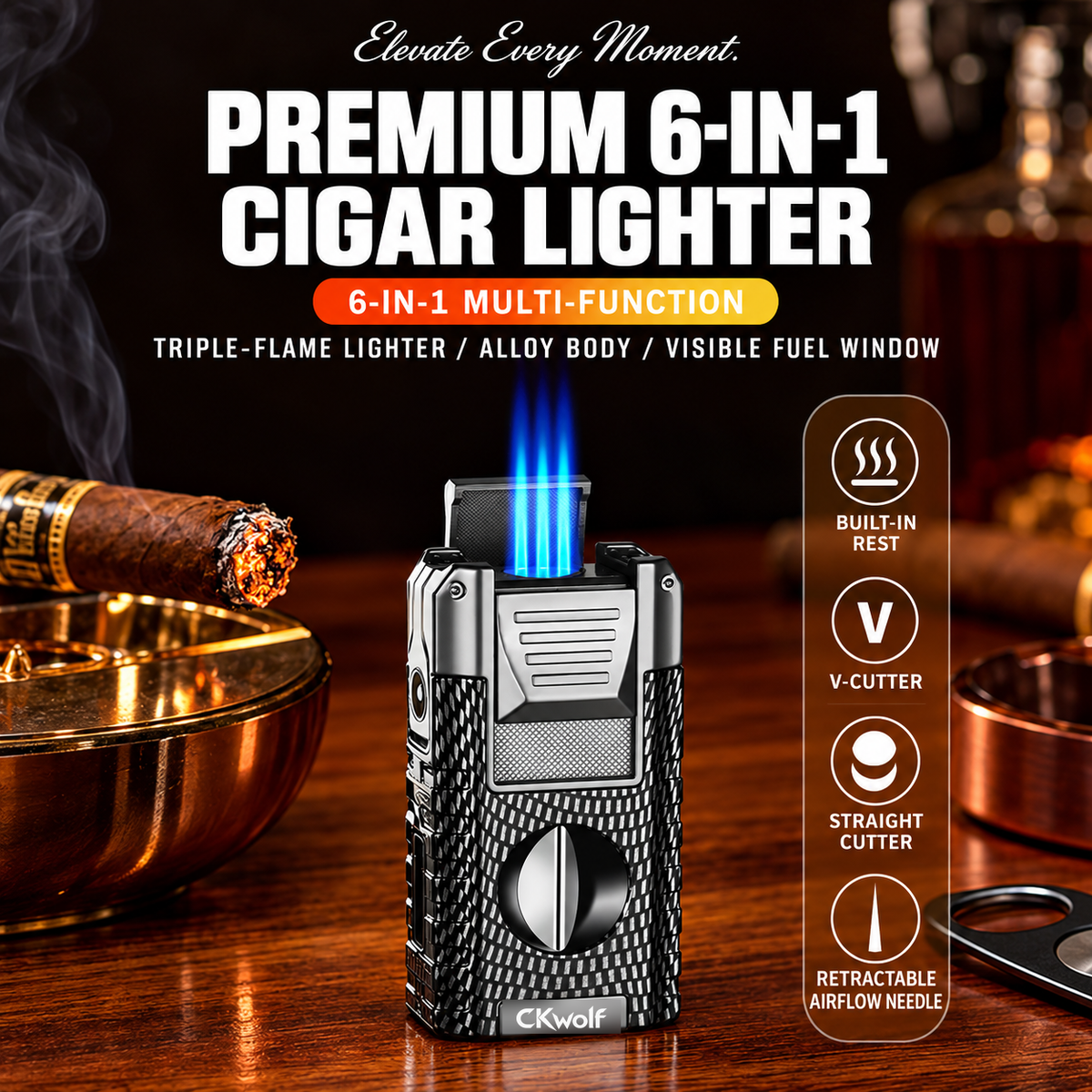 6-in-1 Torch Lighters, Torch Lighter with V & Straight Cutter, Punch, Holder, Draw Enhancer Tool, Triple Windproof Flame, All-in-one Lighter with Multi-Functional Accessory, Refillable Butane Lighters