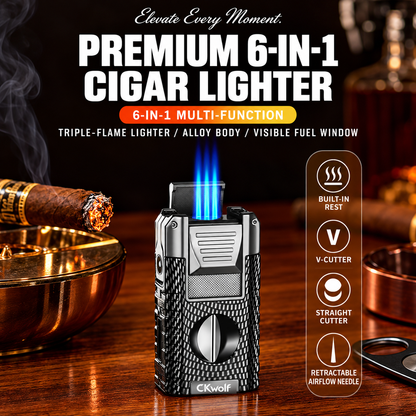 6-in-1 Torch Lighters, Torch Lighter with V & Straight Cutter, Punch, Holder, Draw Enhancer Tool, Triple Windproof Flame, All-in-one Lighter with Multi-Functional Accessory, Refillable Butane Lighters