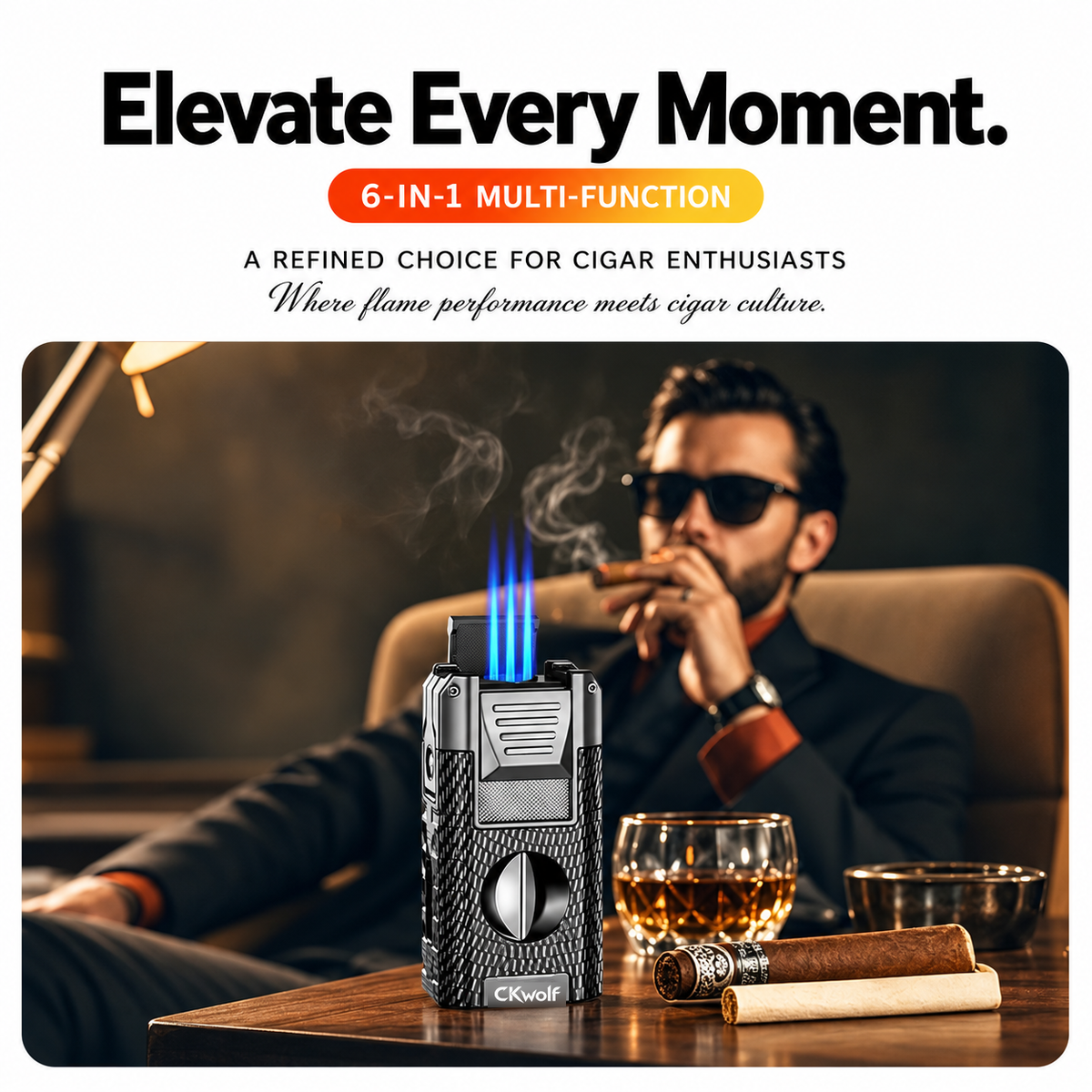 6-in-1 Torch Lighters, Torch Lighter with V & Straight Cutter, Punch, Holder, Draw Enhancer Tool, Triple Windproof Flame, All-in-one Lighter with Multi-Functional Accessory, Refillable Butane Lighters