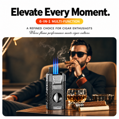 6-in-1 Torch Lighters, Torch Lighter with V & Straight Cutter, Punch, Holder, Draw Enhancer Tool, Triple Windproof Flame, All-in-one Lighter with Multi-Functional Accessory, Refillable Butane Lighters