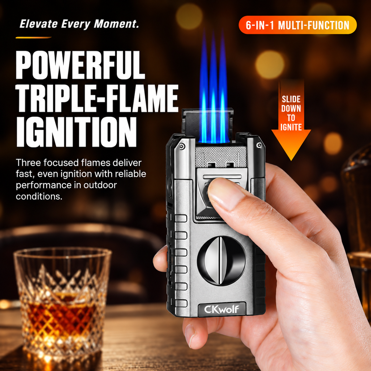 6-in-1 Torch Lighters, Torch Lighter with V & Straight Cutter, Punch, Holder, Draw Enhancer Tool, Triple Windproof Flame, All-in-one Lighter with Multi-Functional Accessory, Refillable Butane Lighters
