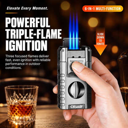 6-in-1 Torch Lighters, Torch Lighter with V & Straight Cutter, Punch, Holder, Draw Enhancer Tool, Triple Windproof Flame, All-in-one Lighter with Multi-Functional Accessory, Refillable Butane Lighters