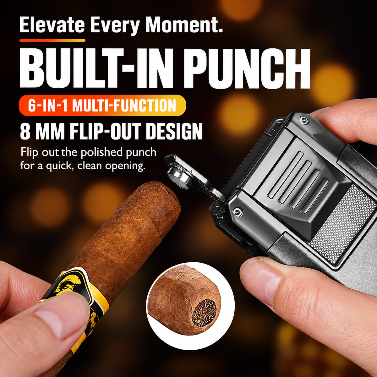 6-in-1 Torch Lighters, Torch Lighter with V & Straight Cutter, Punch, Holder, Draw Enhancer Tool, Triple Windproof Flame, All-in-one Lighter with Multi-Functional Accessory, Refillable Butane Lighters
