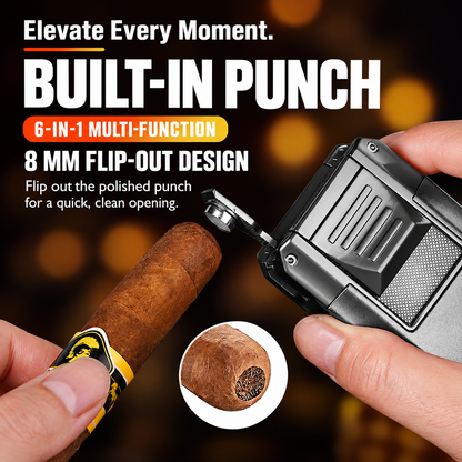 6-in-1 Torch Lighters, Torch Lighter with V & Straight Cutter, Punch, Holder, Draw Enhancer Tool, Triple Windproof Flame, All-in-one Lighter with Multi-Functional Accessory, Refillable Butane Lighters