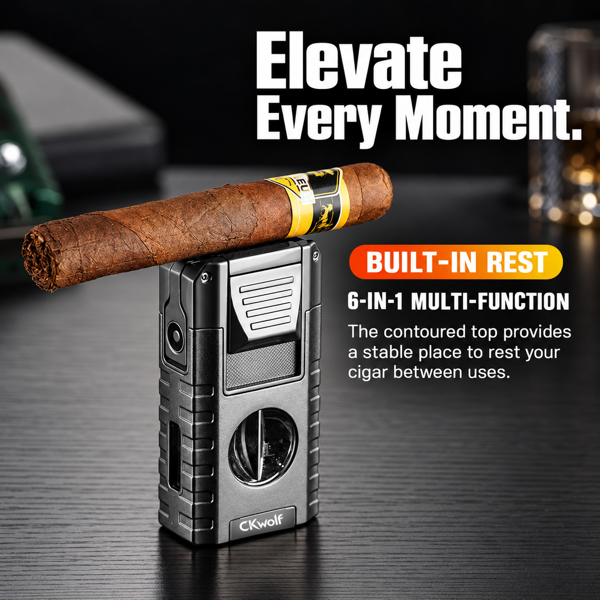 6-in-1 Torch Lighters, Torch Lighter with V & Straight Cutter, Punch, Holder, Draw Enhancer Tool, Triple Windproof Flame, All-in-one Lighter with Multi-Functional Accessory, Refillable Butane Lighters