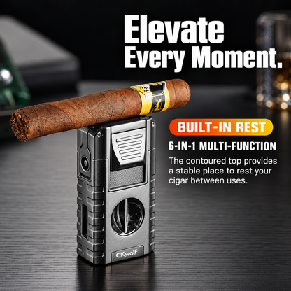 6-in-1 Torch Lighters, Torch Lighter with V & Straight Cutter, Punch, Holder, Draw Enhancer Tool, Triple Windproof Flame, All-in-one Lighter with Multi-Functional Accessory, Refillable Butane Lighters
