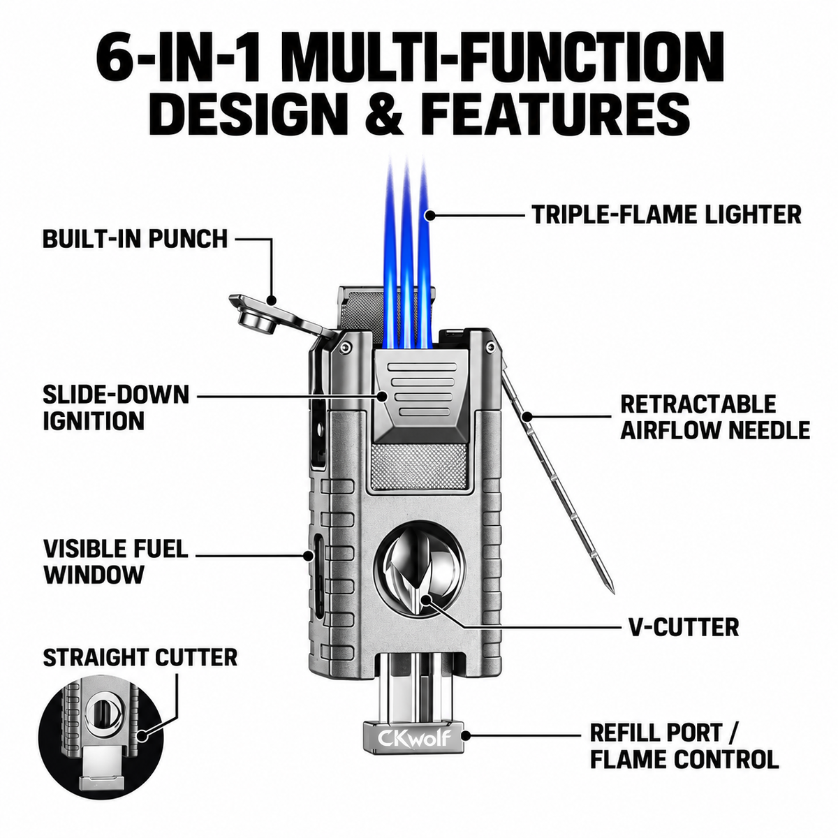6-in-1 Torch Lighters, Torch Lighter with V & Straight Cutter, Punch, Holder, Draw Enhancer Tool, Triple Windproof Flame, All-in-one Lighter with Multi-Functional Accessory, Refillable Butane Lighters