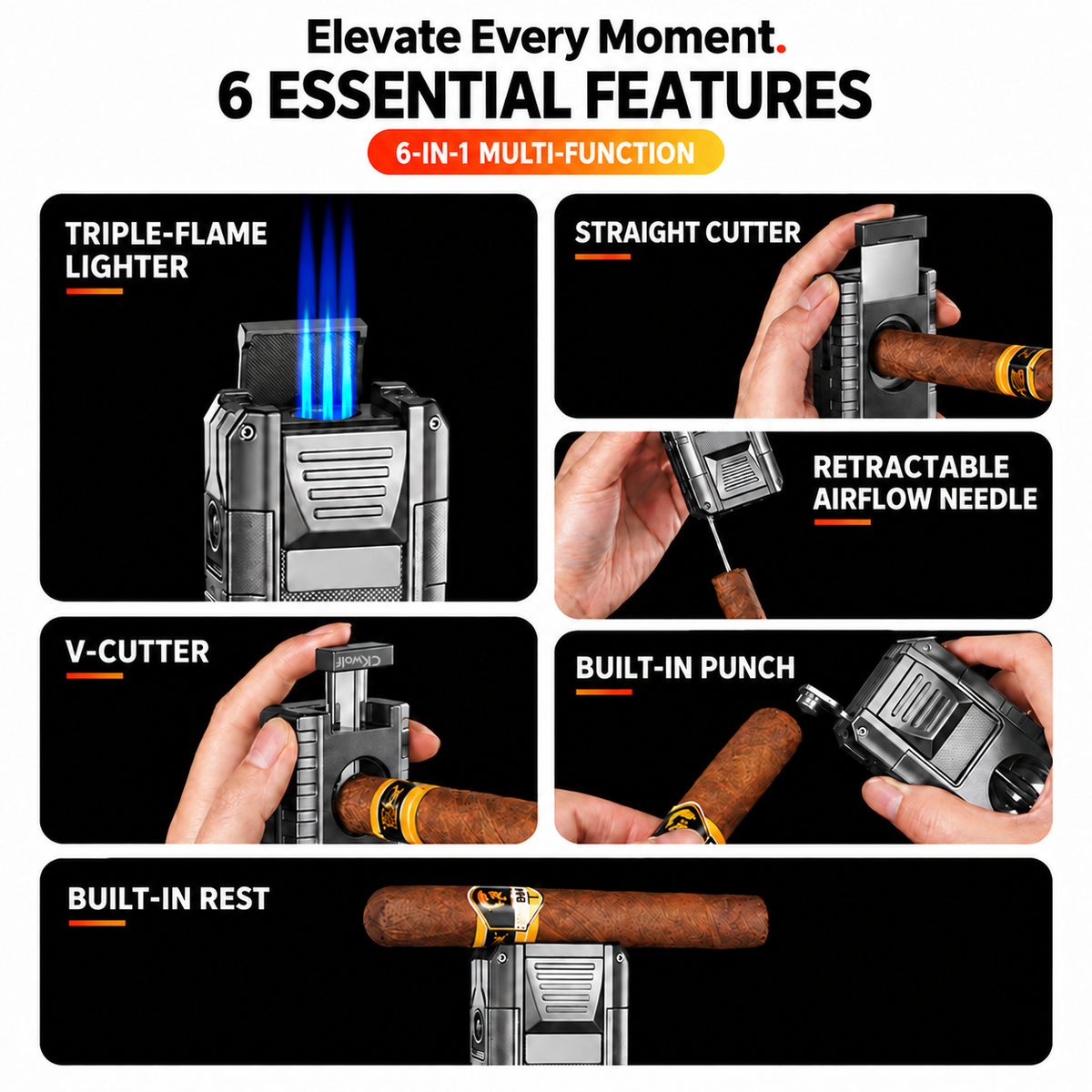 6-in-1 Torch Lighters, Torch Lighter with V & Straight Cutter, Punch, Holder, Draw Enhancer Tool, Triple Windproof Flame, All-in-one Lighter with Multi-Functional Accessory, Refillable Butane Lighters