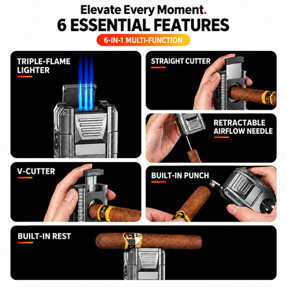 6-in-1 Torch Lighters, Torch Lighter with V & Straight Cutter, Punch, Holder, Draw Enhancer Tool, Triple Windproof Flame, All-in-one Lighter with Multi-Functional Accessory, Refillable Butane Lighters