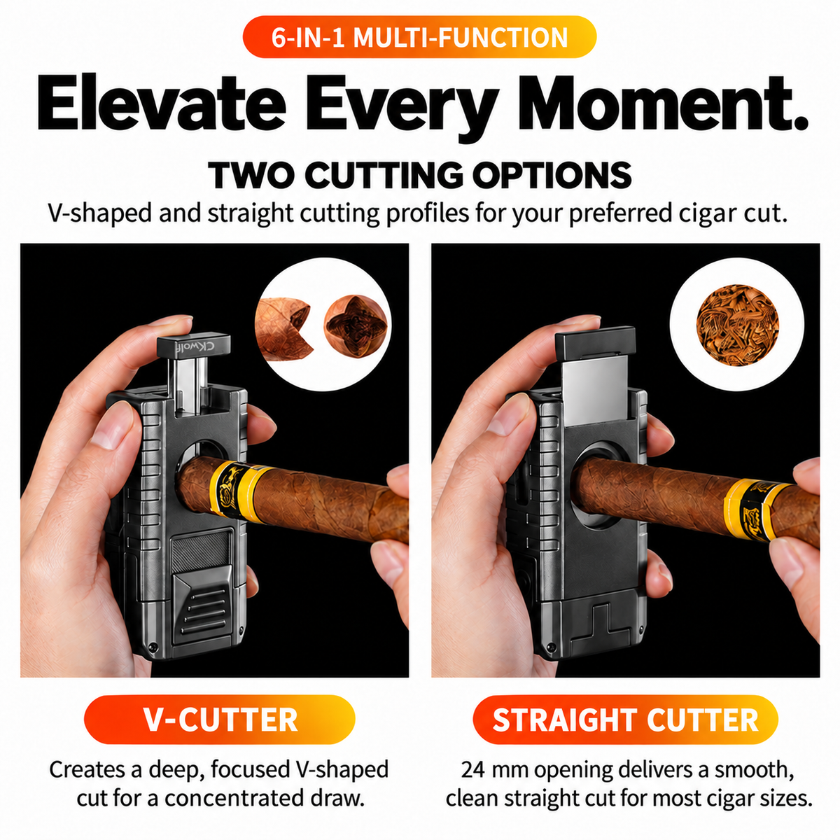 6-in-1 Torch Lighters, Torch Lighter with V & Straight Cutter, Punch, Holder, Draw Enhancer Tool, Triple Windproof Flame, All-in-one Lighter with Multi-Functional Accessory, Refillable Butane Lighters