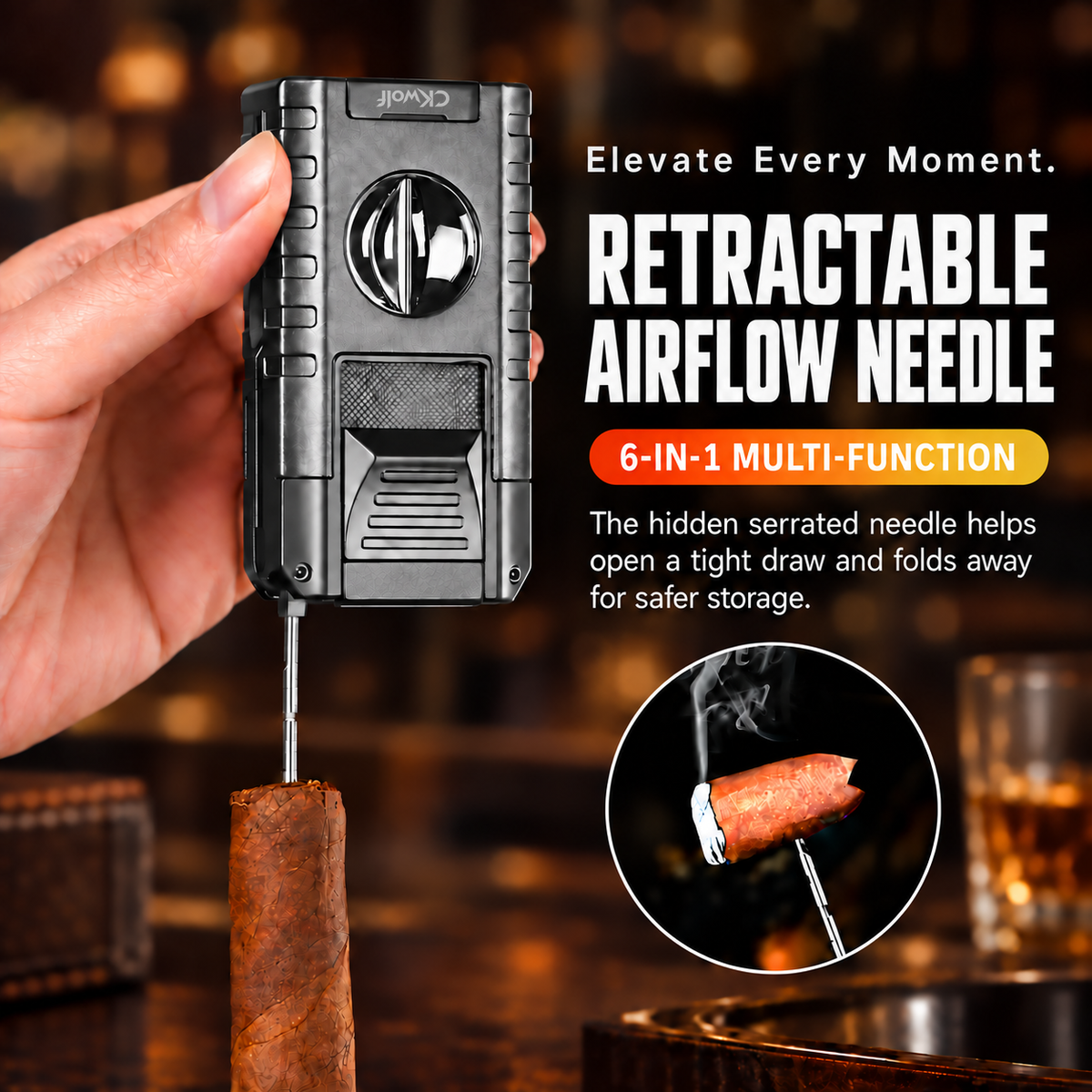 6-in-1 Torch Lighters, Torch Lighter with V & Straight Cutter, Punch, Holder, Draw Enhancer Tool, Triple Windproof Flame, All-in-one Lighter with Multi-Functional Accessory, Refillable Butane Lighters
