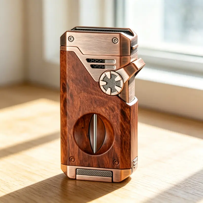 Windproof Metal 4 Flame Butane Lighter(Gas Not Included), With V Cutter, Punch and Holder