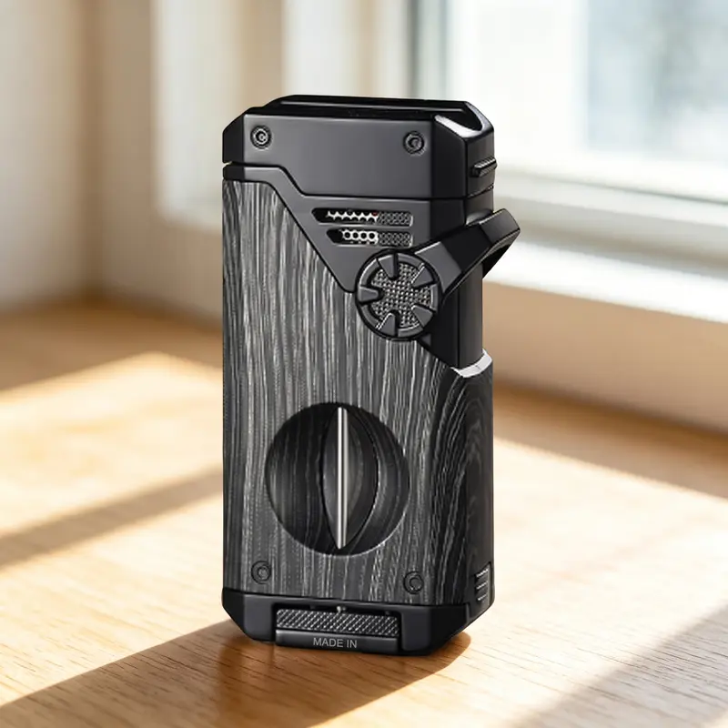 Windproof Metal 4 Flame Butane Lighter(Gas Not Included), With V Cutter, Punch and Holder